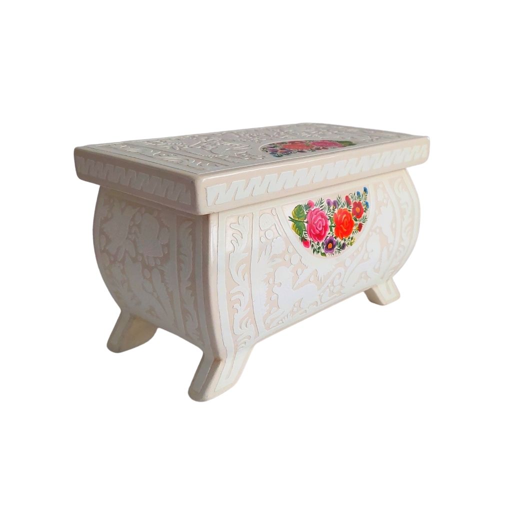 Caja Olinalá Marrana Grande Rayado Vacío (Beige-Blanco-Flores a Color)