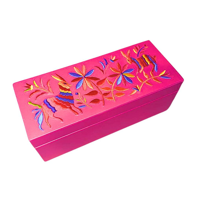 Caja para té (3 espacios) curpiel bordado Tenango Liebres [Rosa mexicano-colores)