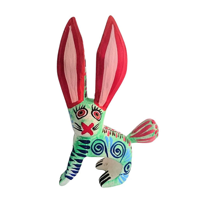 Alebrije Conejo Orejón Oaxaca Blanco/Verde Orejas Rojas  (Madera de Copal)