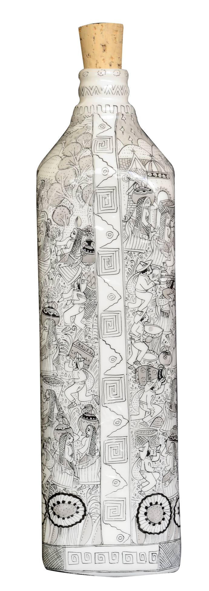 Botella Larga de Cerámica Finamente Decorada a Mano con Escenas Típicas. (Alfarería Artística) PIEZA ÚNICA