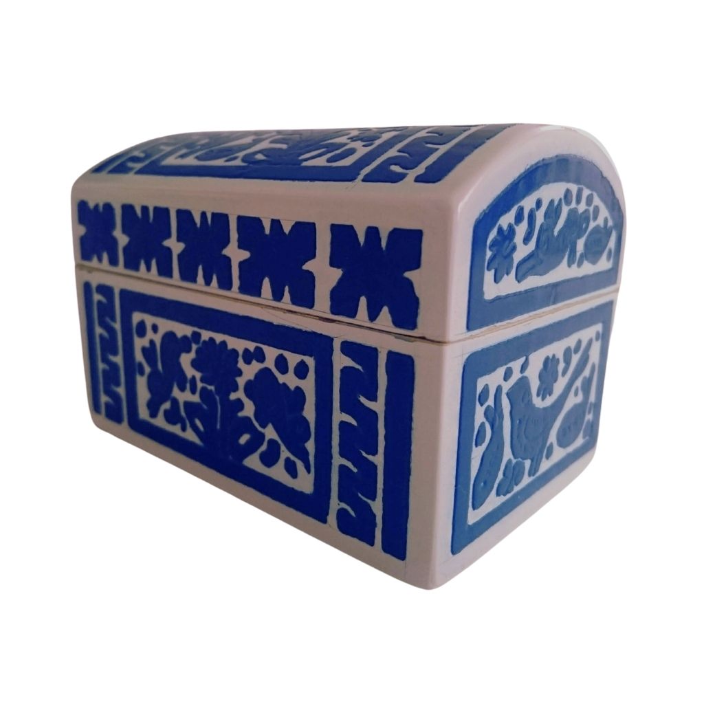 Caja Olinalá Mini Baúl Rayado (Blanca/Azul Rey) Ave-Conejo