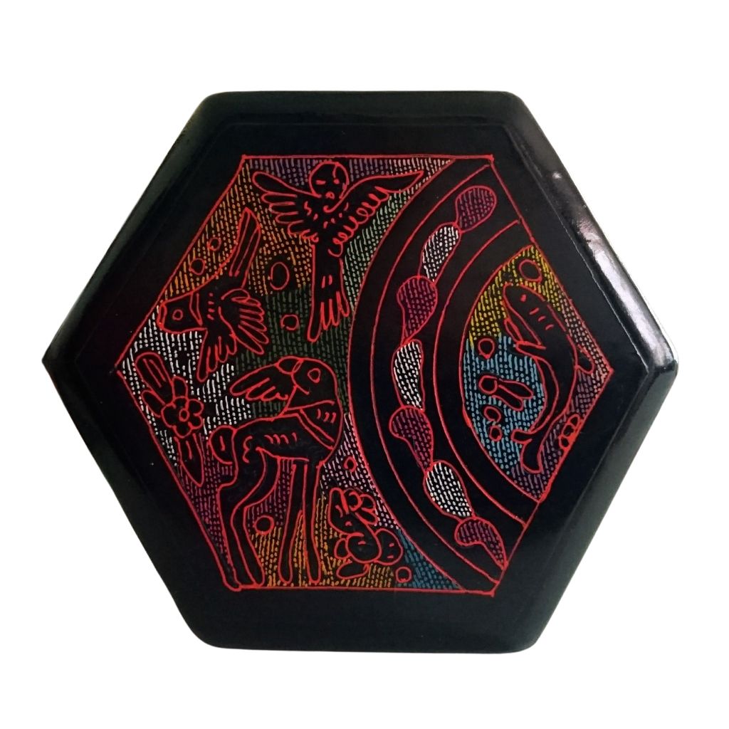 Caja Olinalá Hexagonal Punteado (Negro/Colores)