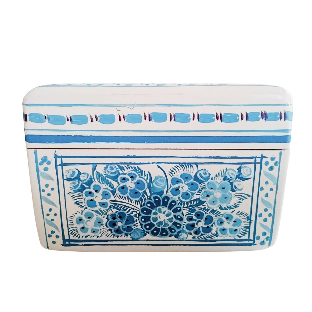 Caja Olinalá Mini Barniz (Blanca/Flores Azul Claro)
