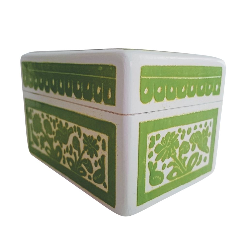 Caja Olinalá Mini Rayado (Blanco /Verde) Venado/Pez/Pájaro