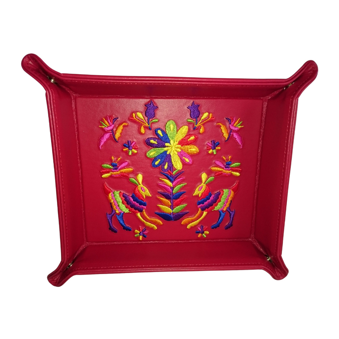 Charola vacía bolsillos mediano curpiel rojo bordado Tenango Liebres colores
