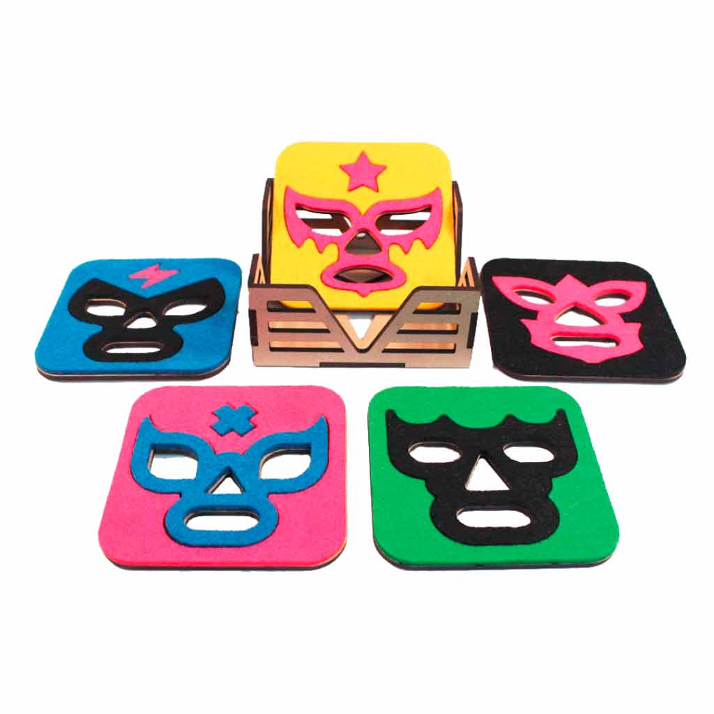 OxM.Mx Luchavasos Juego de 5 portavasos con diseño de máscara de luchador