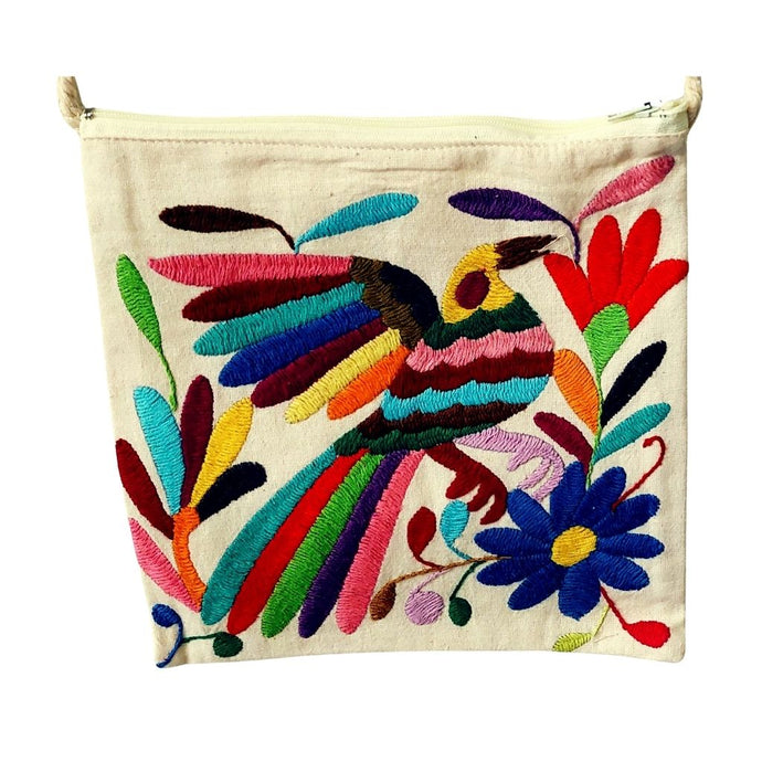Bolsa Morral Chica Bordada en Tenango [Ave multicolor flor azul ) #23