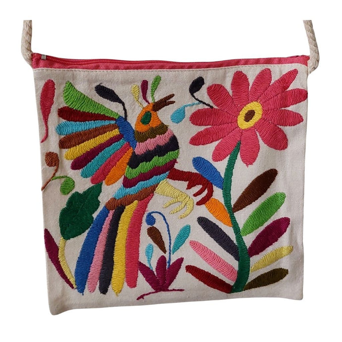 Bolsa Morral Chica Bordada en Tenango [Ave multicolor flor coral ) #9