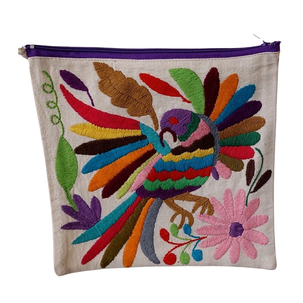 Bolsa Morral Chica Bordada en Tenango [Paloma alas extendidas hoja caf