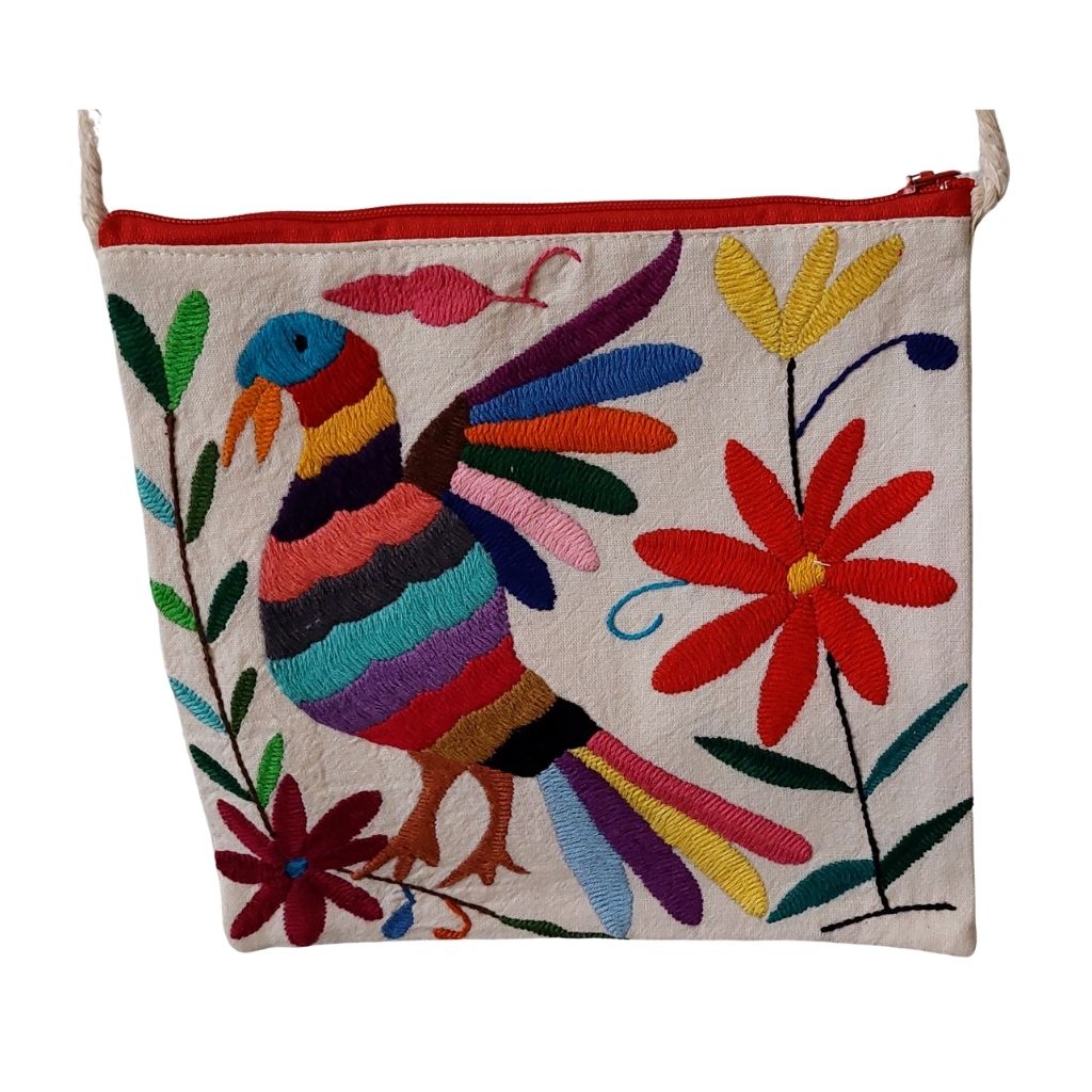 Bolsa Morral Chica Bordada en Tenango [Paloma multicolor hoja naranja