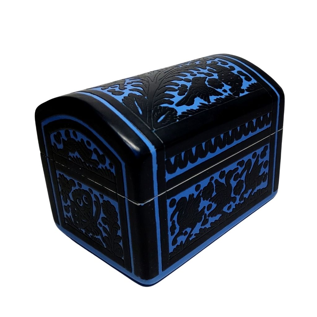 Caja Olinalá Baúl Mediano Rayado Vacío (Azul Marino-Azul Claro) Patos