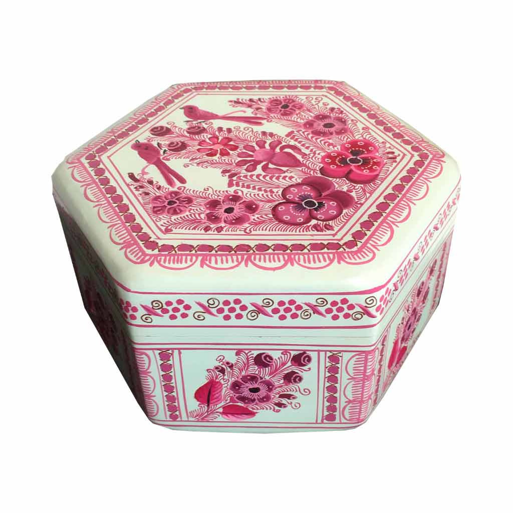 Caja Olinalá Hexagonal (Blanco / Rosa)