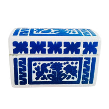 Caja Olinalá Mini Baúl Rayado (Blanca/Azul Rey) Ave-Conejo