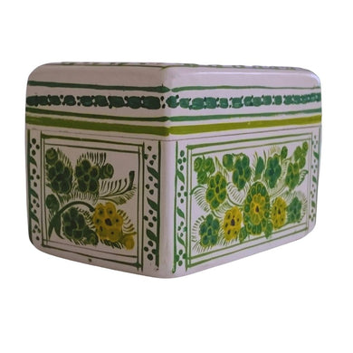 Caja Olinalá Mini Barniz (Blanca/Flores Verde/Amarillo)